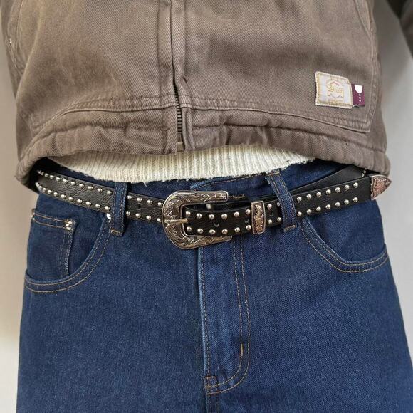 2000s Western Black Silver Studded Belt – Vintage Style, Unisex, Brand New - Picture 4 of 8